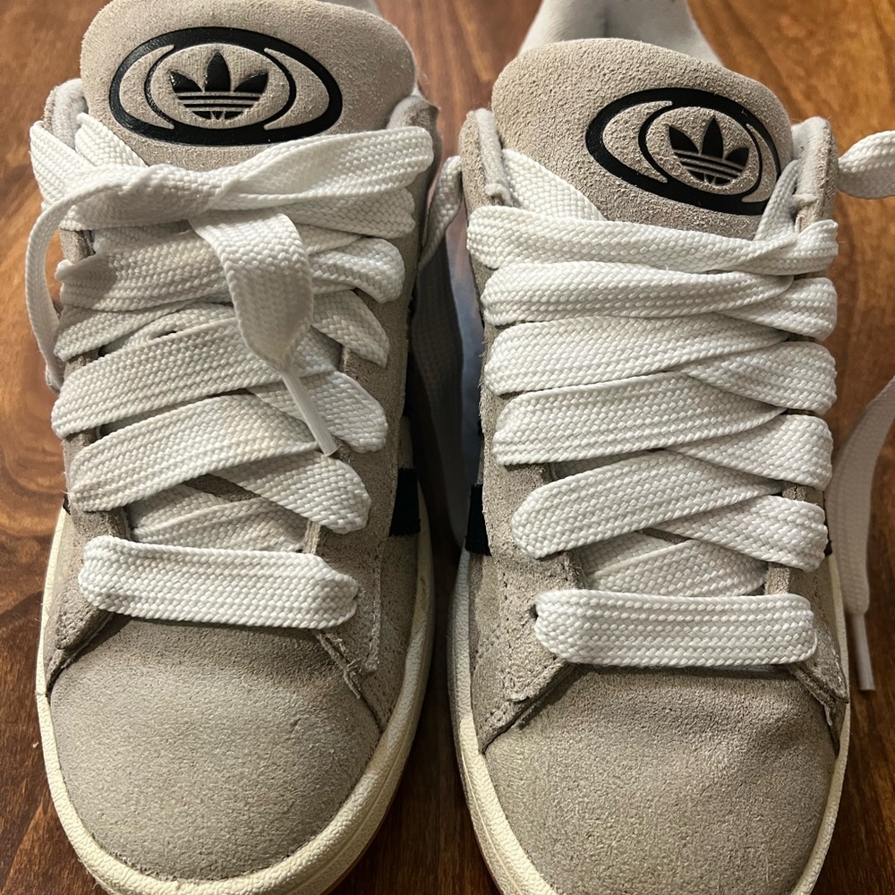 Adidas Beige Suede Sneakers with White Laces and Black Logo